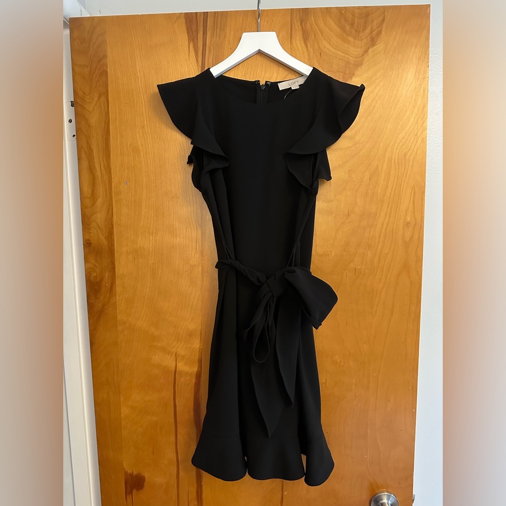 LOFT Black Dress with Tie Waist + Flutter Sleeves